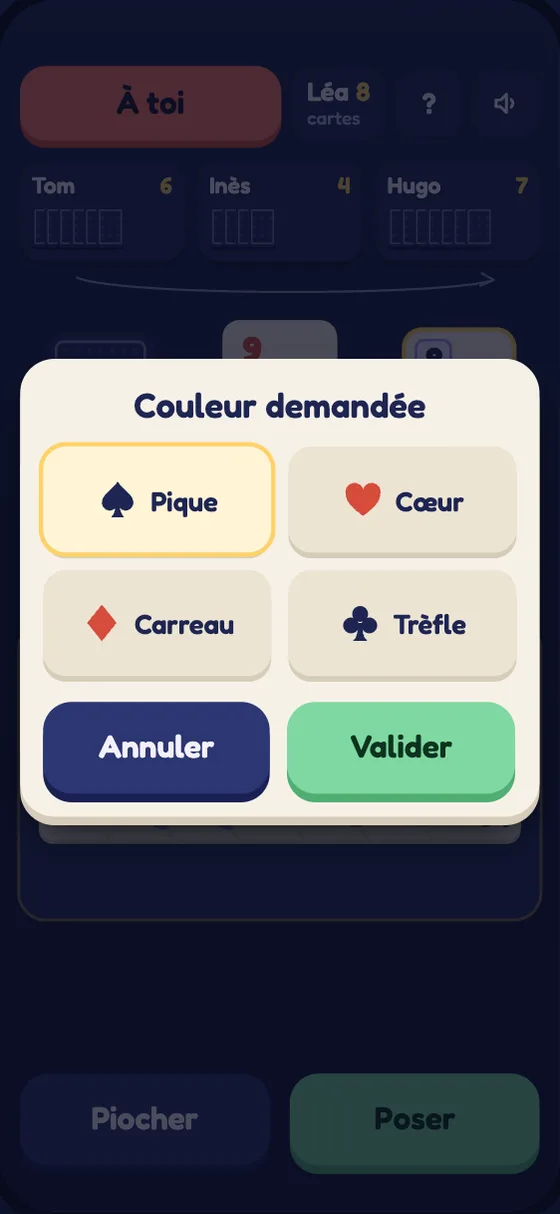 Un 8 est posé : choisir la couleur