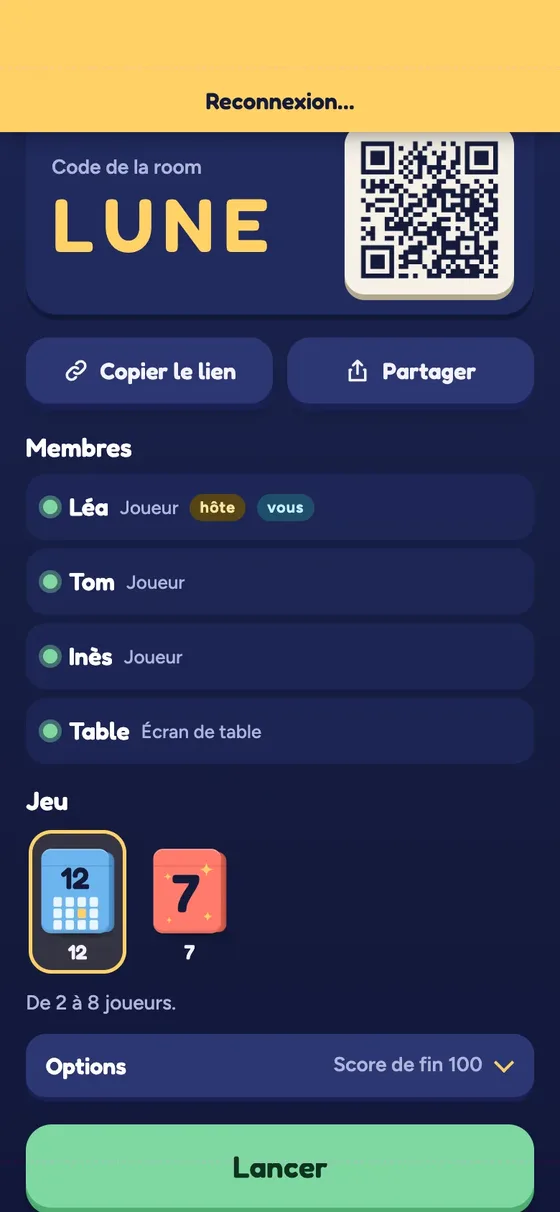 Un bandeau de reconnexion, le joueur garde sa place