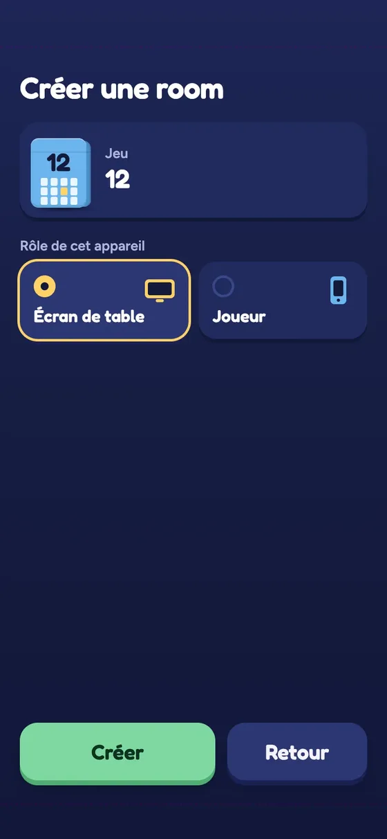 Créer une room : choisir écran de table ou joueur
