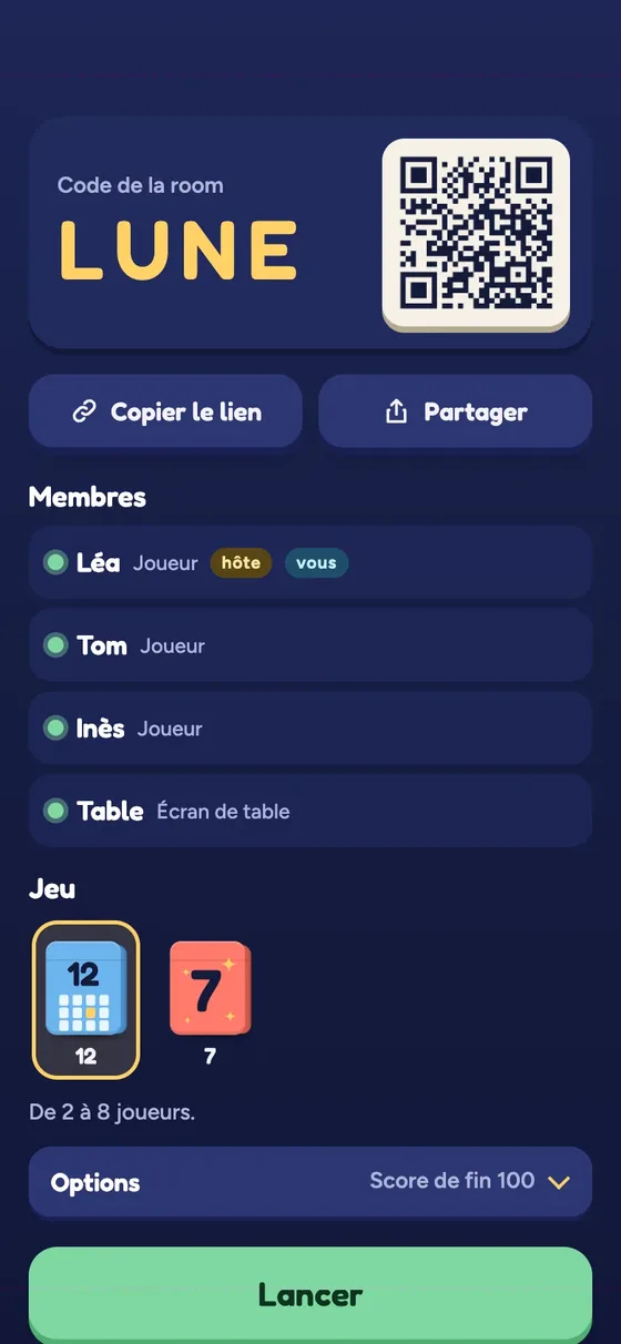 Le salon : code de la room, QR code, membres, jeu