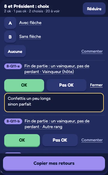 La liste flottante : boutons OK et Pas OK, un commentaire en cours