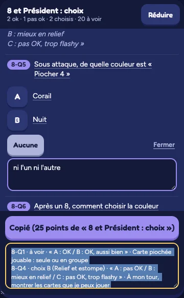 La liste flottante après Copier mes retours : 25 points copiés