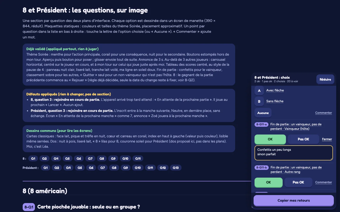 Une page de maquettes : les choix tranchés en haut, la liste flottante en bas à droite avec un commentaire ouvert