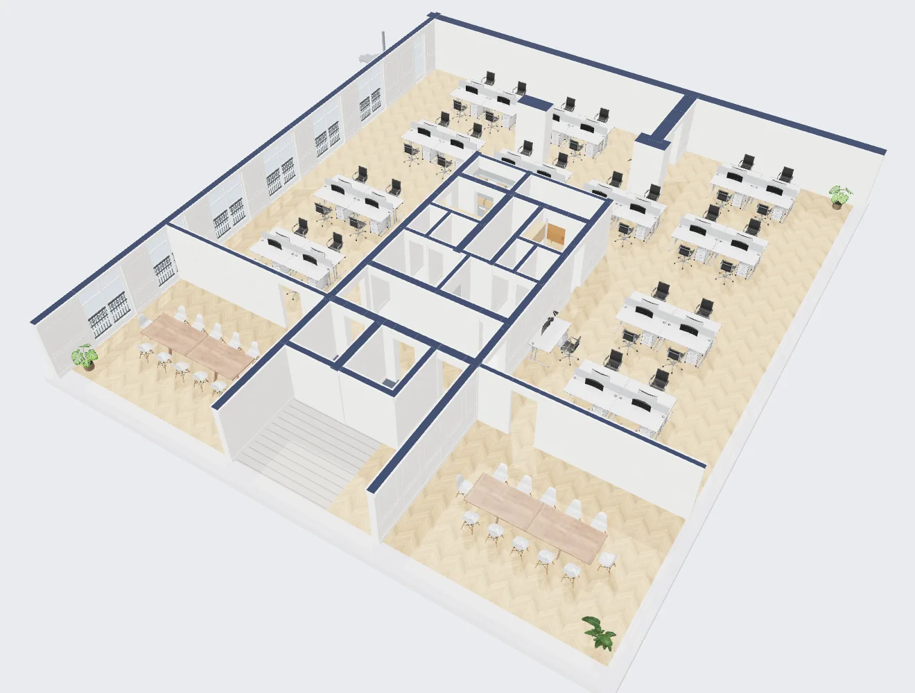The open-plan layout made for a trading firm: 45 desks in clusters of four, two meeting rooms
